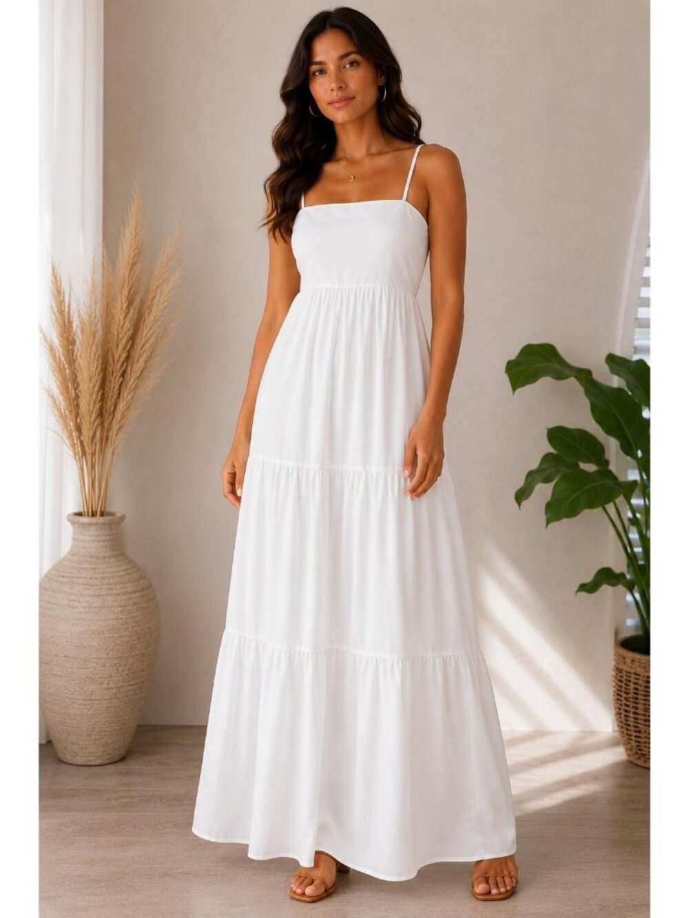 Princess Polly White Maxi Dress AU/UK 10 US 6 Womens Tiered Spaghetti Strap